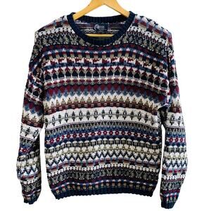 Vintage Size L Mens All Over Print Crew Neck Pullover Sweater Cotton Made in USA